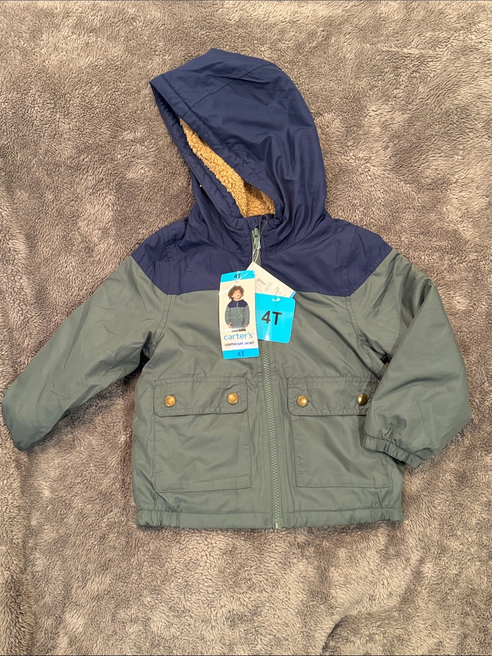 NWT Carter's Hooded Colorblock Puffer Jacket in Olive Green and Navy